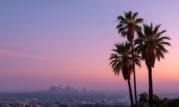 a purple sunset sky with the los angeles skyline in view, palm trees and city lights, hazy.