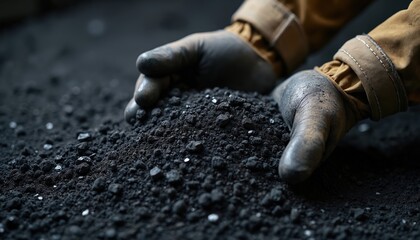 Gloves inspect pile dark rough material. Worker checks mineral sample in mine. Industrial worker holds coal, ore, or earth. Closeup of hands and coal dust.
