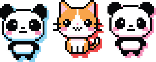 Cute pixel animals set, panda and fox characters, kawaii 8bit retro game icons, colorful vector illustration for kids design assets © Mst