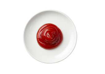 Ketchup swirl on a small white plate, top view
