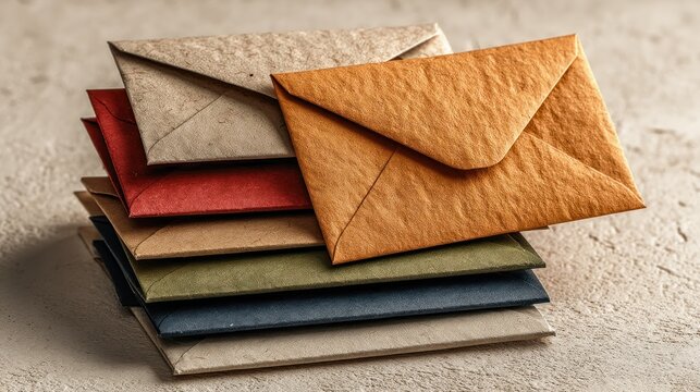 Stack of colorful textured envelopes rest on a light beige surface, showcasing a variety of muted tones and a tactile quality.