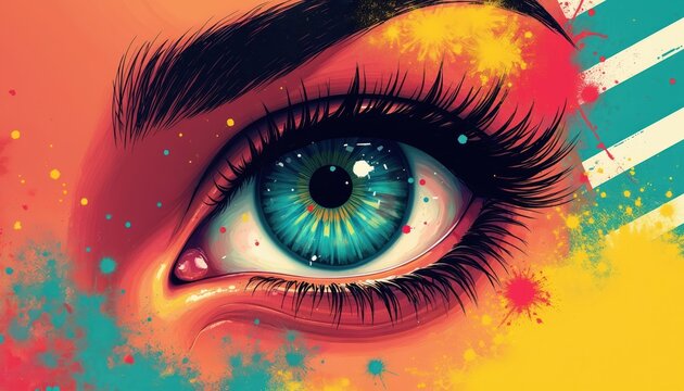 Abstract colorful eye illustration shows vivid colors and intricate patterns. This artwork blends modern design with a captivating gaze, suggesting perception and creativity.