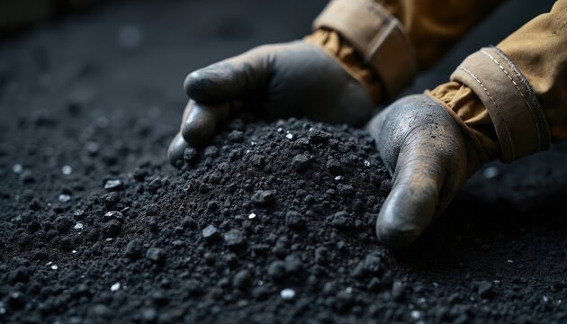 Gloves inspect pile dark rough material. Worker checks mineral sample in mine. Industrial worker holds coal, ore, or earth. Closeup of hands and coal dust.