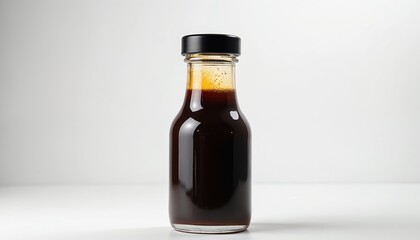 Dark liquid fills clear glass bottle with black cap isolated on white surface. Cooking sauce or beverage container ready for use. Ingredient for food preparation.
