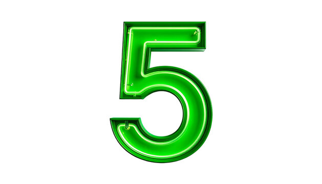 Illuminated glowing neon green numeral "5" on a stark black background. This isolated digit design is bright and eye-catching