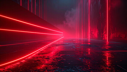 Bright red neon laser lights illuminate the darkness creating lines and triangle shapes in scifi effect
