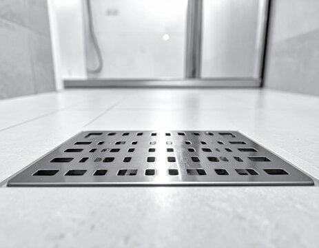 Square stainless steel floor drain with a grid pattern on a light tiled floor in a shower area, black and white