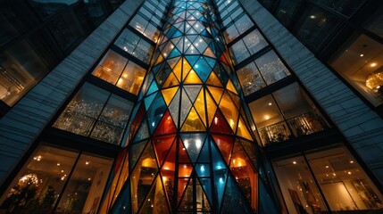 A vibrant, multicolored stained-glass facade accents a modern building at night, showcasing intricate geometric patterns and warm interior lighting.