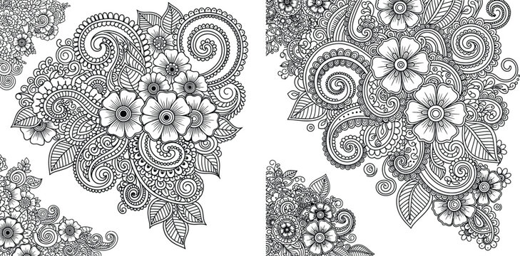 Intricate black and white floral mehndi inspired patterns with swirling leaves and decorative elements