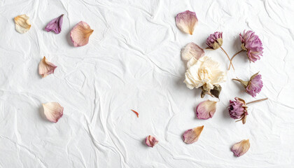 Festive flowers composition. Frame made of dried rose flowers