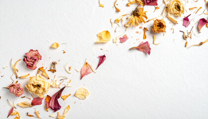 Festive flowers composition. Frame made of dried rose flowers