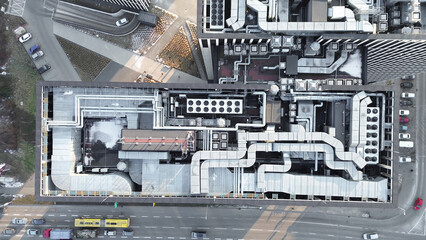 Aerial view modern building rooftop ventilation system