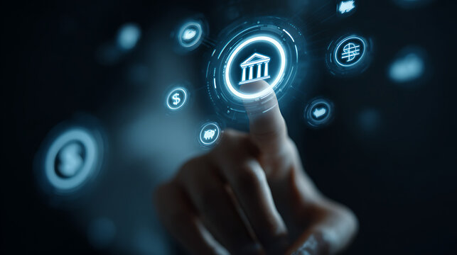 Hand interacting with futuristic digital interface displaying bank and financial icons finance technology - Powered by Adobe