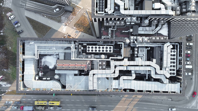 Aerial view modern building rooftop ventilation system