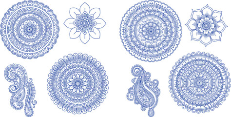 Set of intricate blue line art mandala and paisley decorative patterns for cultural designs
