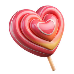 A sweet red heart shaped lollipop isolated on a white background makes a romantic candy symbol for Valentine's day with a tasty sugar lolly on a stick
