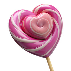 Delicious heart shaped pink lollipop candy isolated on white background with a classic stick for a sweet Valentine dessert