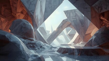 Futuristic architectural interior with geometric structures