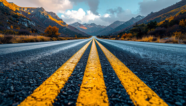 A low angle view of an asphalt road with double yellow lines leading to the horizon with a sunset in the distance
- Powered by Adobe
