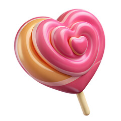 A delicious red heart shaped lollipop and pink ice cream treat isolated on a white background as a sweet sugar candy symbol for a romantic Valentine day dessert