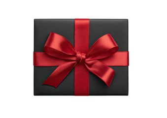 Black gift box tied with a red satin ribbon bow