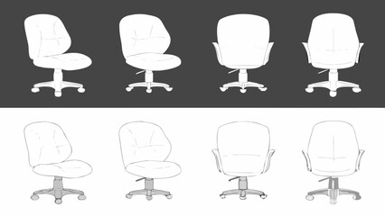 Four office chairs arranged in two rows sketched in black and white © Ripan