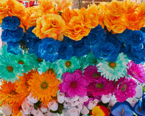Vibrant display of decorative flowers in bright tones