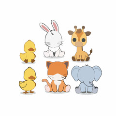 Adorable cartoon baby animals collection with cute characters, including a duckling, bunny, kitten, giraffe, and elephant