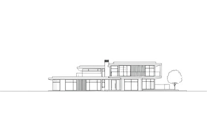 Naklejka premium Side elevation sketch of a modern minimalist long flat roof residential house