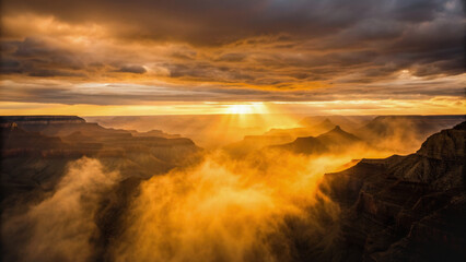 Immersive aerial journey. Dramatic aerial view of glowing sunset over rugged cliffs and misty clouds