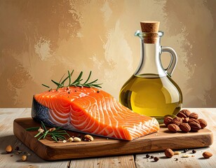 Salmon, oil, rosemary, and nuts on a wooden board