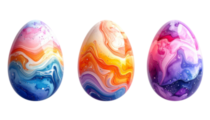 Floating Easter eggs with abstract patterns and gradients, isolated on transparent background, modern creative design.