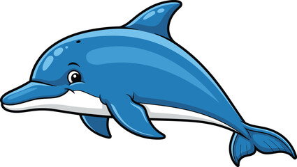 Obraz premium Cheerful blue dolphin cartoon character swimming isolated on white background, friendly aquatic marine animal vector illustration for children's educational books.