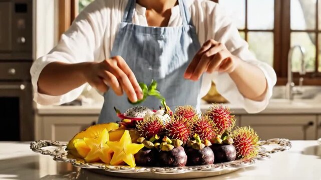 Arranging exotic fruits like starfruit and rambutan.