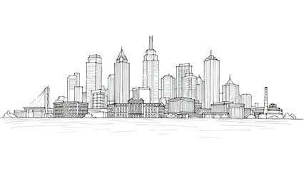 Obraz premium Clean horizontal sketch of a modern metropolitan city skyline over water