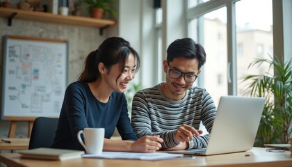 Two young Asian business partners collaborate happily on a laptop in a modern office setting. They are discussing ideas and planning future strategies for their startup company.