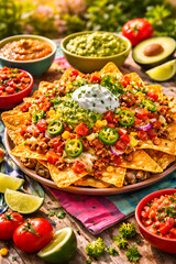 Plate of crispy nachos topped with guacamole, sour cream, jalapenos, corn, and fresh salsa in a rustic food setting..