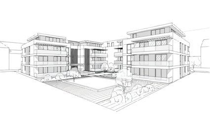 Obraz premium Modernist low rise apartment complex with central courtyard and balconies