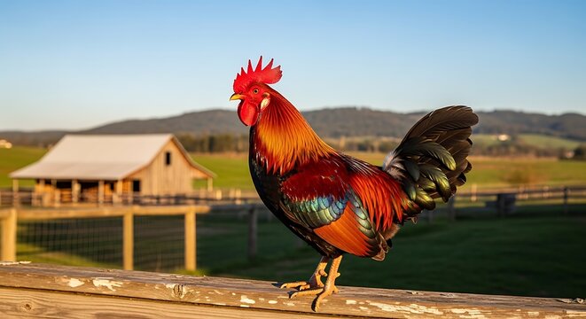 Colorful Rooster Perched on Fence with Barn in Background.