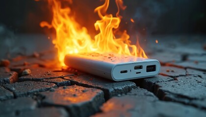 White power bank engulfed in bright orange flames sits on cracked pavement. Device smolders, smoke rises, indicating fire hazard and electrical malfunction.