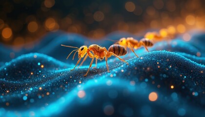 Golden ants march in line across shimmering digital landscape. Move through glowing blue waves dotted with sparkling lights. Futuristic scene blends nature, technology, hinting at cybernetic future.