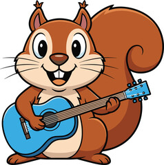 Cute happy brown squirrel cartoon character playing blue acoustic guitar musical forest animal mascot illustration isolated on white background vector © Gauranga