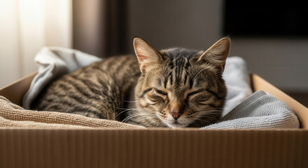 Adorable tabby cat napping peacefully in a cozy cardboard box filled with soft blankets, evoking feelings of comfort, relaxation, and the simple joys of pet ownership