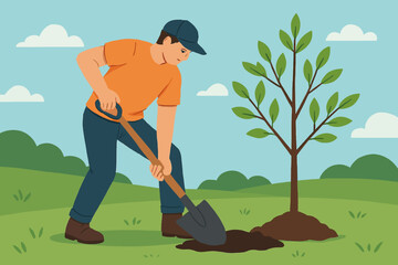 vector illustration of a Hand drawn flat design tree planting