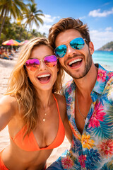 Smiling couple wearing sunglasses takes a cheerful selfie on a tropical beach with palm trees, blue sea, and summer holiday vibes..
