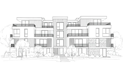 Obraz premium Contemporary suburban apartment complex with balcony gardens and landscaping