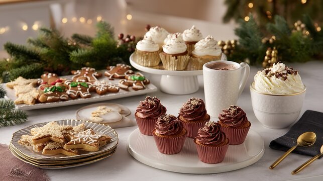 Christmas dessert table with cupcakes cookies and hot chocolate
 - Powered by Adobe