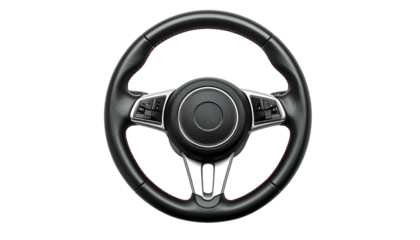 Overhead studio shot of a car's steering wheel, featuring black leather, metallic accents, red stitching, and integrated controls