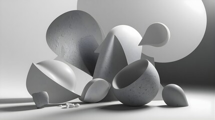 Minimal abstract 3D shapes composition in monochrome tones