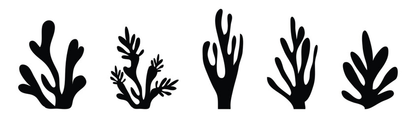 Fototapeta premium Organic seaweed and coral silhouettes in black; abstract underwater plant shapes, minimalist aquatic leaf collection; modern vector illustration set
